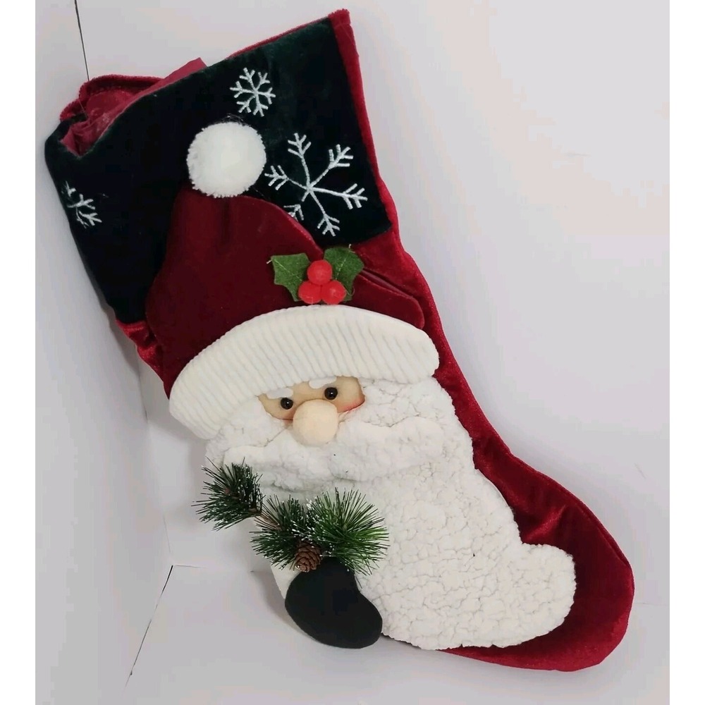 Santa Velvet Christmas Stocking 3-D Red Green Pine Garland Snowflake 17x9